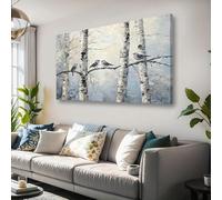Cuadro de pared de gran tamaño con diseño de abedul rústico moderno y pájaros, con tiras horizontales, paisaje minimalista para sala de estar y baño (50 x 100 cm/marco interior)