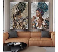Cuadro de pared de oro negro africano con exquisita tocado pintura sobre lienzo carteles e impresiones arte de pared decoración del hogar 70 x 100 cm x 2 sin marco