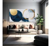 Cuadro de pared en lienzo con círculos azules y dorados, pintura abstracta moderna XXL para sala de estar, dormitorio, oficina y decoración del hogar (30x60cm/marco interior).