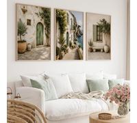 Cuadro de pared en lienzo con estampado de un pueblo costero mediterráneo junto al mar y un paisaje rústico europeo para la decoración del dormitorio (40x55 cm - 3 piezas)
