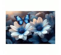 Cuadro de pared en lienzo con mariposas azules y flores, decoración para sala de estar o dormitorio, obra de arte para amantes de la naturaleza (60 x 108 cm/sin marco).