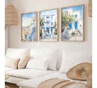 Cuadro de pared en lienzo con temática de viajes en azul, arte de ciudad griega, costa mediterránea, decoración de pared, playa, océano (30x40cm - 3 piezas)