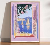 Cuadro de pared en lienzo de la serie Ventana Abierta Mediterránea de Henri Matisse: Vista del mar, árbol de naranjo y paisaje costero, decoración para el hogar (60x90cm)