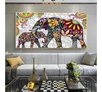 Cuadro de pared en lienzo, estampado floral de madre y cría de elefante, arte bohemio étnico con animales para la decoración de la sala de estar (80x120cm/Sin marco)