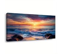 Cuadro de pared en lienzo grande con marco, pintura moderna abstracta de una puesta de sol en la playa, póster enmarcado, decoración minimalista para sala de estar (75x145cm)