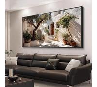 Cuadro de pared moderno con paisaje de patio mediterráneo, impresiones en lienzo sin marco de islas griegas para la decoración de la sala de estar (60x120cm/sin marco)
