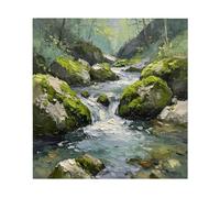 Cuadro De Pared Texturizado Pintado A Mano con Diseño De Arroyo En Un Bosque Verde. Paisaje Natural Salvaje. Pintura Al Óleo Sobre Lienzo. Obra De Arte Que Crea Un Ambiente Relajante para La Decor