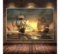 Cuadro de tamaño vintage de barco pirata, velero negro en el mar, póster e impresión para decoración del hogar en la sala de estar (70x100cm/marco interno)