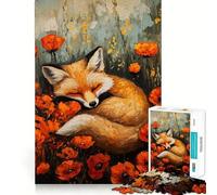 Cuadro de Zorro durmiendo en un Campo de Amapolas para Adultos, Rompecabezas de 1000 Piezas, Rompecabezas Mental, Divertido y Relajante Montaje de imágenes, una cálida Sorpresa 38x26cm
