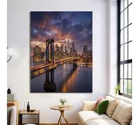 Cuadro Decoración De Pared Azul Oscuro Póster Grandes Puente De Manhattan De Noche Dormitorio 40X50Cm Cartel Mural Horizonte De La Ciudad Impresión Lienzo Foto Arte Póster De Pared Salón Sin Marco