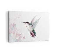 Cuadro Decorativo 100x70cm Moderno Horizontal Naturaleza Pastel - 4518 | Colibrí Acuarela Luz Cuadro sobre Lienzo Grande Arte mural Decoración del Hogar Salón Dormitorio Oficina Cuadros de Pared