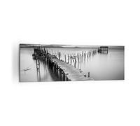 Cuadro Decorativo 160x50cm Moderno Panorámico Blanco y Negro Marino - 3082 | Mar Puente Paisaje Cuadro sobre Lienzo Grande Arte mural Decoración del Hogar Salón Dormitorio Oficina Cuadros de Pared