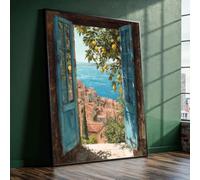 Cuadro decorativo con vista a la ventana del Mediterráneo - Impresión en lienzo de un pueblo costero - Decoración de balcón con limonero - Pintura mural veraniega junto al mar (50x70cm/Sin marco)