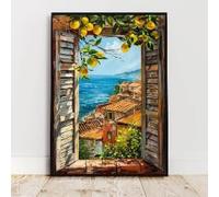 Cuadro decorativo con vista a una ventana abierta, estilo mediterráneo costero, con mar azul y techos de terracota, que incluye un limonero (40x60cm/marco interno).