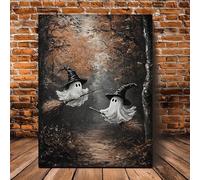Cuadro decorativo de Halloween con diseño de fantasma montando una escoba de bruja (70x90cm/con marco)