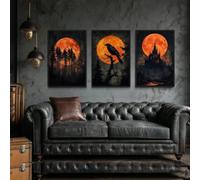 Cuadro decorativo de Halloween de 3 piezas: Cuervo en un árbol, Castillo encantado, Decoración gótica (55x75cmx3/con marco)