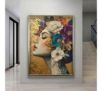 Cuadro decorativo de lienzo con diseño de flores, póster de mujer, pintura artística de rostro femenino, para sala de estar, mural de decoración de pared para el hogar (20x30cm/marco interno)