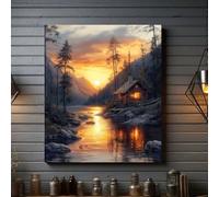 Cuadro decorativo de lienzo con diseño de una cabaña rústica junto al arroyo al atardecer para el hogar, dormitorio, cocina, sala de estar o baño (60x90cm/Sin marco)