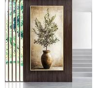 Cuadro decorativo de lienzo con diseño vintage de olivo en jarrón rústico y follaje verde para sala de estar (30x60cm /marco interno)