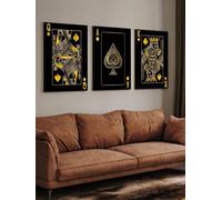 Cuadro decorativo de lienzo con el Rey, la Reina y el As de Picas dorados, póster decorativo para el hogar, arte de pared único, para dormitorio (70x100cmx3/Sin marco)