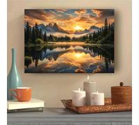 Cuadro decorativo de lienzo con imagen de un lago de montaña al atardecer (30x54cm/Sin marco)