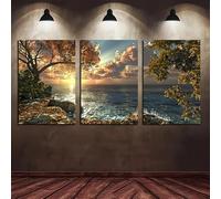 Cuadro decorativo de lienzo con paisaje de puesta de sol junto al mar y árboles, ideal para la decoración de paredes de salas de estar modernas (70x100cm x 3/marco interno).