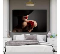 Cuadro decorativo de lienzo con una elegante mujer y una rosa roja. Póster moderno para dormitorio, baño u oficina (20x30cm/Sin marco).