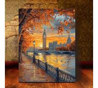 Cuadro decorativo de Londres con el Big Ben al atardecer otoñal - Obra de arte vintage de paisaje urbano para la decoración de paredes de la sala de estar, dormitorio (80x120cm/31x47in) Sin marco