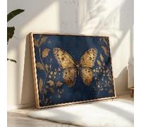 Cuadro decorativo de mariposa dorada sobre lienzo, pósteres azul marino y dorados para decoración de paredes, lámina botánica vintage para decoración de interiores de lujo (30x40cm/marco interno).