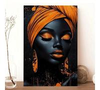 Cuadro decorativo de mujer africana en lienzo, retrato moderno en negro con turbante naranja y detalles de salpicaduras, decoración elegante para sala de estar (50x70cm/sin marco)