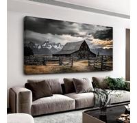 Cuadro decorativo de paisaje rural, vista de granero en valle de montaña para la decoración de paredes en la sala de estar, oficina, comedor o dormitorio (40x80cm/Sin marco).