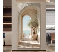 Cuadro decorativo de pared con diseño de arco de olivo mediterráneo costero, inspirado en las islas griegas, en tonos beige y blanco (70 x 140 cm).