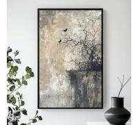 Cuadro decorativo de pared con diseño de aves Wabi-Sabi, pintado sobre lienzo, que representa una escena natural apacible con capas que combinan delicadas aves (60x85cm).