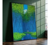 Cuadro decorativo de pared con diseño de bosque de bambú azul, paisaje natural tranquilo, sendero acuático reflectante, decoración para el hogar, lámina de árboles verdes (21x30cm/marco interior).