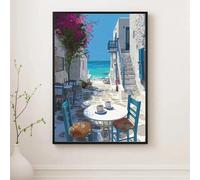 Cuadro decorativo de pared con diseño de café y la costa del Egeo, con buganvillas rosas, ideal para la decoración del hogar y la oficina (70x100 cm/sin marco).