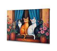 Cuadro decorativo de pared con diseño de cinco gatos sentados en un alféizar con flores. Lienzo decorativo para sala de estar (20 x 30 cm)