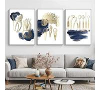 Cuadro decorativo de pared con diseño de esqueleto, columna vertebral y dientes en azul marino. Lienzo decorativo para oficina o clínica dental (60x80cm/3 piezas sin marco).