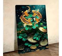 Cuadro decorativo de pared con diseño de pez koi dorado, trébol de cuatro hojas de la suerte y monedas de oro, símbolo oriental de la fortuna, para sala de estar (55x75cm/Sin marco)