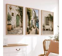 Cuadro decorativo de pared con diseño de pueblo costero, callejón mediterráneo junto al mar, paisaje rústico europeo, decoración para dormitorio (60x85cm - 3 piezas)