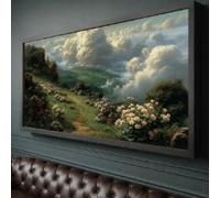 Cuadro decorativo de pared con diseño de sendero de montaña panorámico, pintura de paisaje floral, escena natural, obra de arte con paisaje nuboso, decoración de jardín (50x90cm/marco interior)