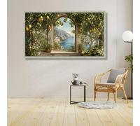Cuadro decorativo de pared con diseño de un limonero mediterráneo, vista panorámica de la costa a través de una ventana arqueada, paisaje natural y frutal (70 x 140 cm).