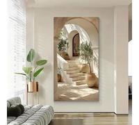 Cuadro decorativo de pared con diseño mediterráneo, paisaje moderno de una isla griega en tonos beige y blanco, ideal para la decoración del hogar, sala de estar o dormitorio (75 x 150 cm/sin marco).