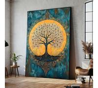 Cuadro decorativo de pared con el Árbol de la Vida, pósteres vintage en azul y dorado, pintura sobre lienzo de estilo bohemio espiritual, obra de arte para la decoración del hogar (60x80cm/sin marco).