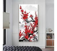 Cuadro decorativo de pared con estampado de flores de ciruelo rojas, pintura a la tinta, póster para el hogar, oficina, sala de estar, aula, arte moderno (55 x 110 cm/marco interno)