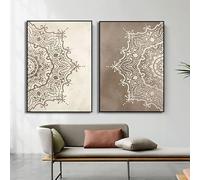 Cuadro decorativo de pared con estampado floral de mandala en tonos neutros estilo boho yoga, ideal para la decoración del hogar y la sala de estar (70x100cmx2/Sin marco).