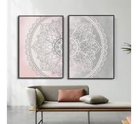 Cuadro decorativo de pared con estampado floral de mandala en tonos neutros estilo boho yoga, ideal para la decoración del hogar y la sala de estar (70x100cmx2/Sin marco).