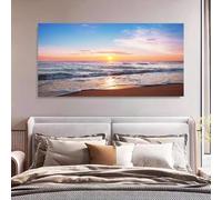 Cuadro decorativo de pared con imagen de puesta de sol, impresión en lienzo, póster que representa un paisaje playero, obra de arte decorativa, paisaje natural, pintura moderna (30x60cm/marco interno)