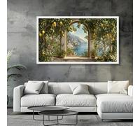 Cuadro decorativo de pared con lienzo, diseño de un limonero, vista panorámica de la costa a través de una ventana arqueada, decoración de paisajes con naturaleza y frutas (60 x 120 cm/sin marco).