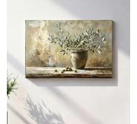 Cuadro decorativo de pared con ramas de olivo mediterráneas, naturaleza muerta en tonos neutros, decoración rústica para cocina, lienzos botánicos con motivos de árboles (30x50 cm/sin marco).