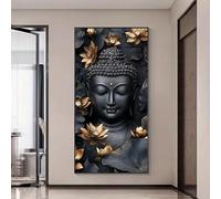 Cuadro decorativo de pared con rostro de Buda orando en lámina dorada, estatua de Buda de inspiración zen, ideal para la decoración de salas de yoga y meditación (60 x 120 cm/marco interno).